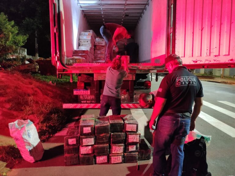 Polícia Civil apreende caminhão com 700 quilos de maconha em meio a carga de frango