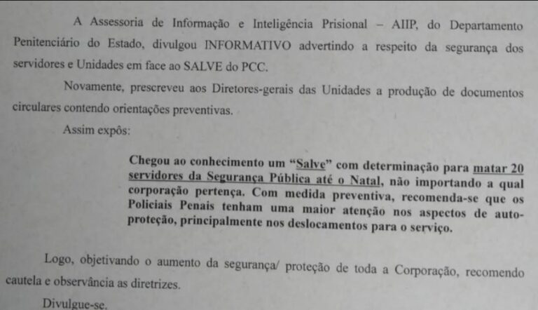 PCC divulga ‘salve’ em que pede morte de servidores da segurança pública