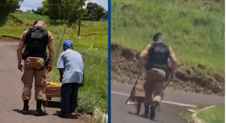 PM ajuda idoso que subia ladeira com carriola e vídeo viraliza entre internautas