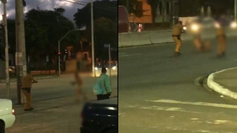 Em surto e completamente nu, homem tenta atacar PM e acaba baleado