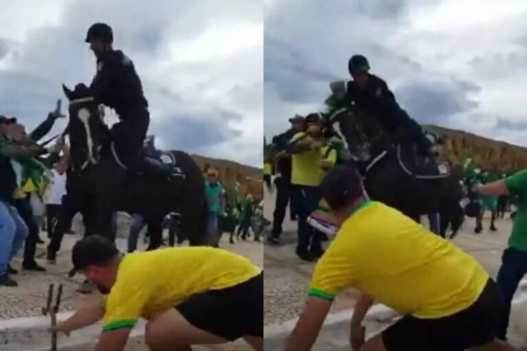 Policial da cavalaria é derrubado e apanha de manifestantes em Brasília