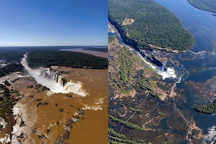 Imagens mostram o contraste na vazão das Cataratas do Iguaçu entre abril e maio