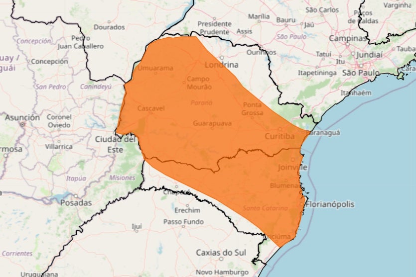 Áreas que podem ser atingidas pelo alerta laranja para tempestade. (Imagem: Inmet)