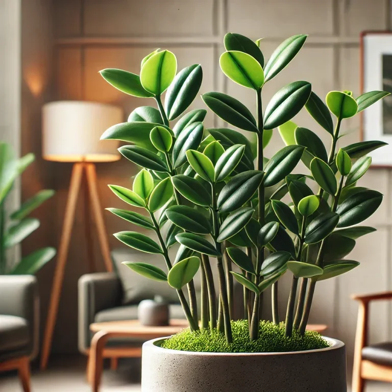 Dall·e 2025 01 15 08.53.58 Um Close Up De Uma Zamioculca Com Folhas Verdes Saudáveis. A Planta Está Em Um Vaso Com Drenagem Visível, E O Fundo Mostra Um Ambiente Interno Moderno