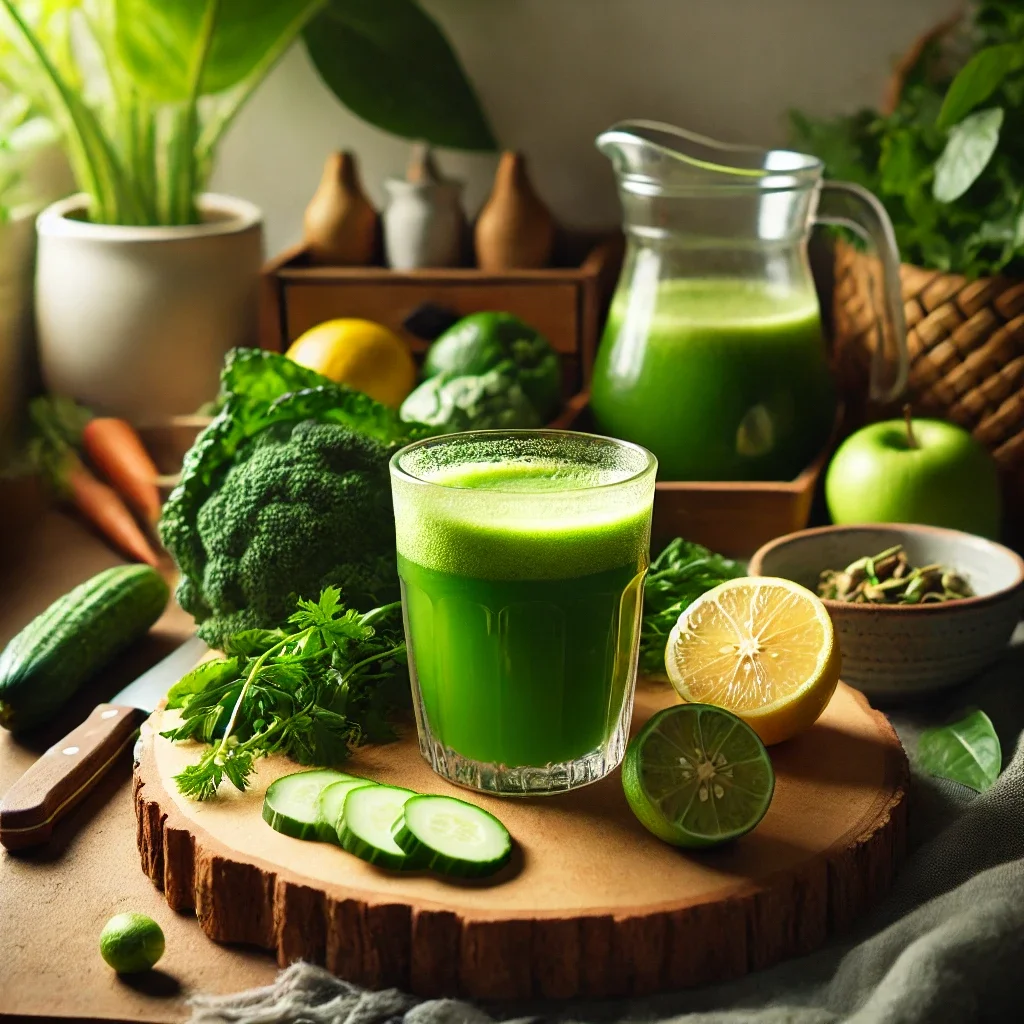 Dall·e 2025 01 15 23.56.03 Uma Cena De Cozinha Com Um Copo De Suco Verde Detox Colocado Em Uma Bancada De Madeira. Ao Lado, Estão Os Ingredientes Frescos Folhas De Ora Pro Nóbi