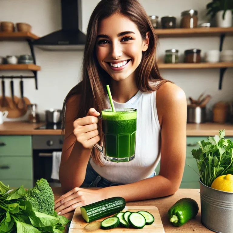 Dall·e 2025 01 15 23.56.07 Uma Pessoa Tomando Um Copo De Suco Verde Detox Em Uma Cozinha Moderna. A Pessoa Está Sorrindo E Segurando O Copo, Com Folhas Frescas De Ora Pro Nóbis