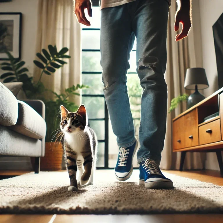 Dall·e 2025 01 19 09.53.22 Um Gato Curioso Seguindo Seu Dono Em Uma Sala De Estar Moderna. A Cena Mostra O Gato Andando Próximo Aos Pés Da Pessoa, Com Um Sofá Ao Fundo E Luz Nat