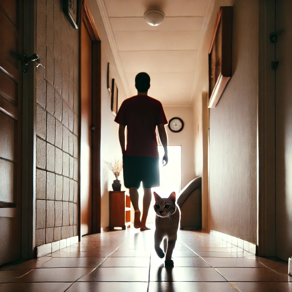 Dall·e 2025 01 19 09.53.25 Um Gato Doméstico Seguindo Uma Pessoa Em Uma Casa Aconchegante. A Cena Mostra O Gato Caminhando Atrás De Seu Dono Em Um Corredor Bem Iluminado, Com Mó