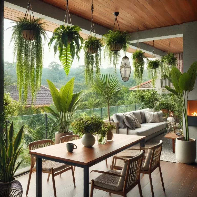 Dall·e 2025 01 19 09.58.24 Uma Varanda Moderna Decorada Com Plantas Pendentes, Incluindo Jiboia E Samambaia, Em Vasos Suspensos. A Cena é Iluminada Por Luz Natural, Com Móveis A