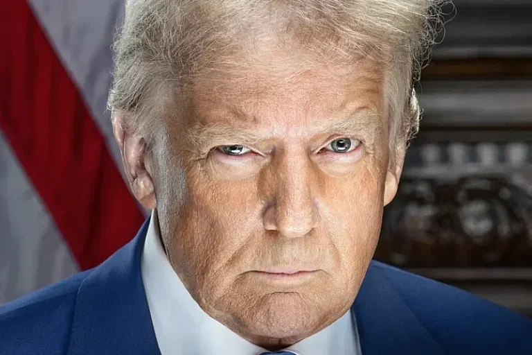Donald Trump presidente dos EUA sério vestindo terno azul e camisa branca