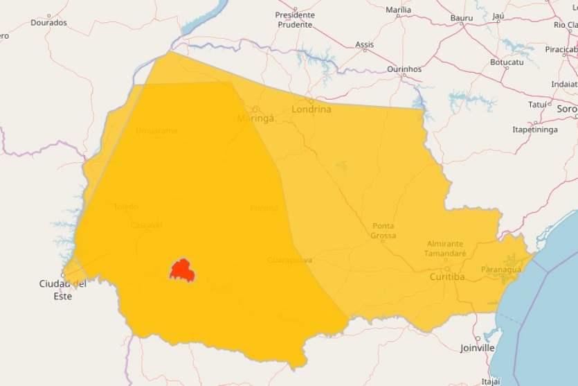 Alerta de chuva intensa em Umuarama e região. Na foto, um mapa da área afetada no Paraná.