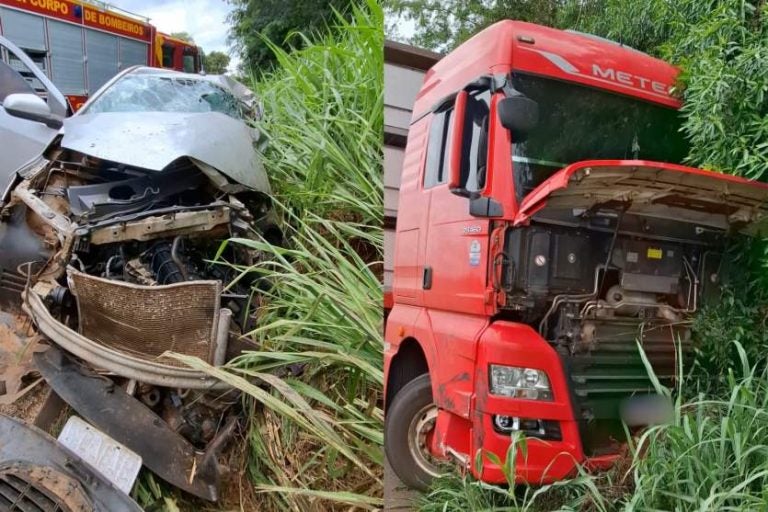 Motorista morre em colisão na PR-323 entre Cianorte e Jussara. Na colagem de fotos, o veículo da vítima e a carreta envolvida na batida.