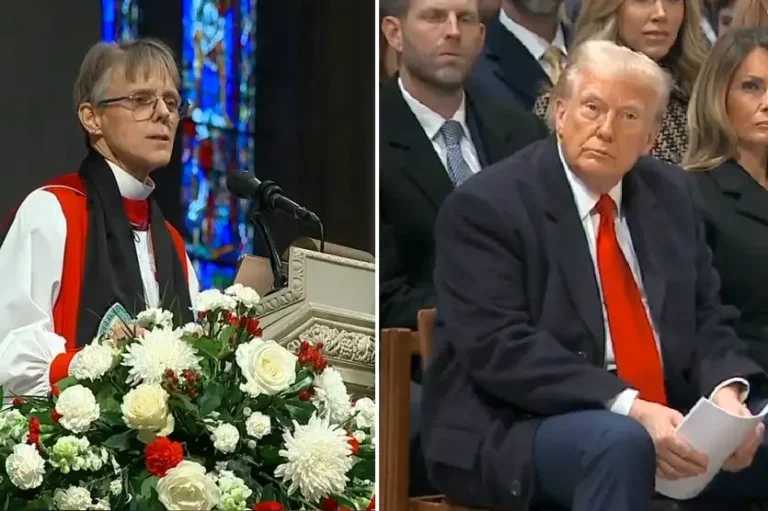 Montagem com duas imagens, no lado esquerdo uma mulher branca de cabelos curtos e grisalhos em pé vestida com roupa religiosa e do outro lado o presidente Trump sentado e vestido com um terno azul e gravata vermelha