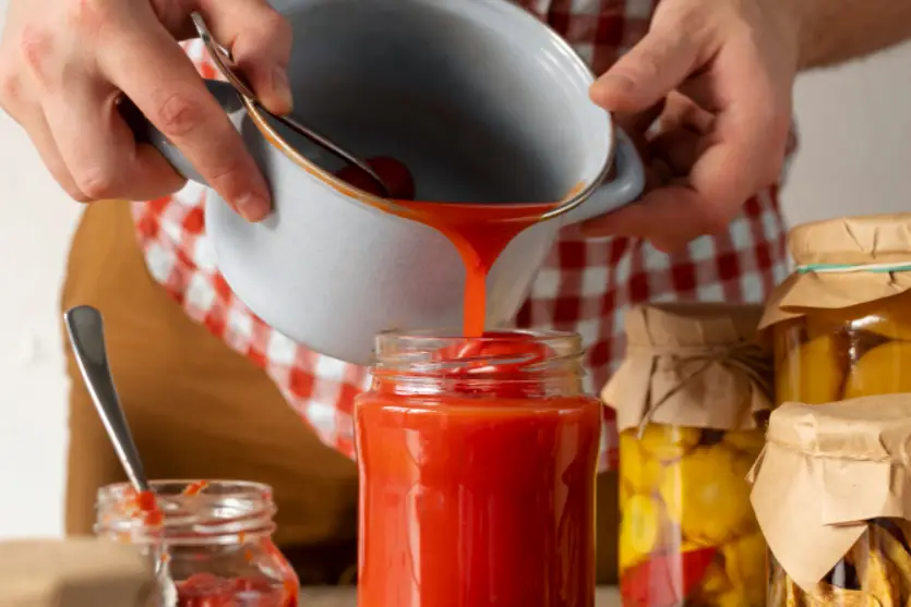 Mãos de um homem branco colocando o molho de tomate de uma panela branca para um pote transparente