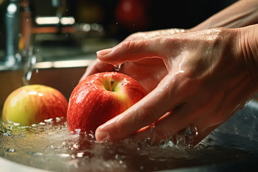 Mãos de uma pessoa branca lavando maçãs vermelhar em uma piá de cozinha