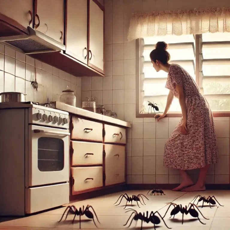 Mulher assustada com formigas na cozinha