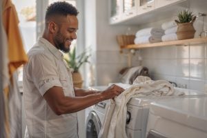 Homem negro em frente a máquina de lavar roupas segurando uma blusa.