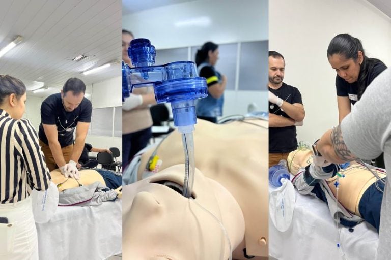 Curso de suporte cardiovascular em Umuarama é ministrado aos profissionais do PA24h. Na foto, uma colagem com imagens do treinamento.