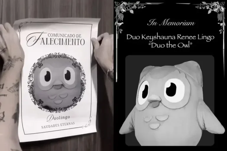 Montagem de duas fotos mostrando que a mascote da Duolingo morreu.