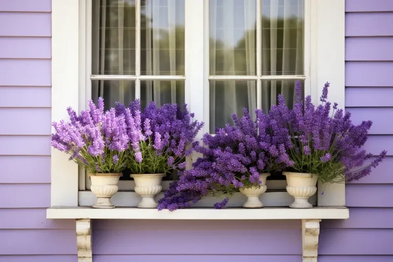 Lavanda plantada em vasos brancos na janela de um casa. Imagem usada para ilustrara a matéria sobre plantas que afastam moscas e podem ser cultivadas emm janelas.