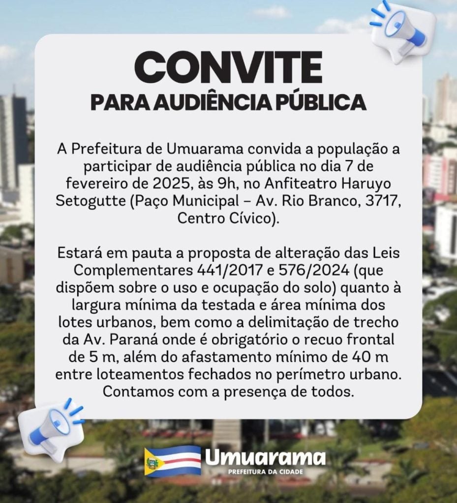 Convite para a audiência pública sobre o plano diretor de Umuarama