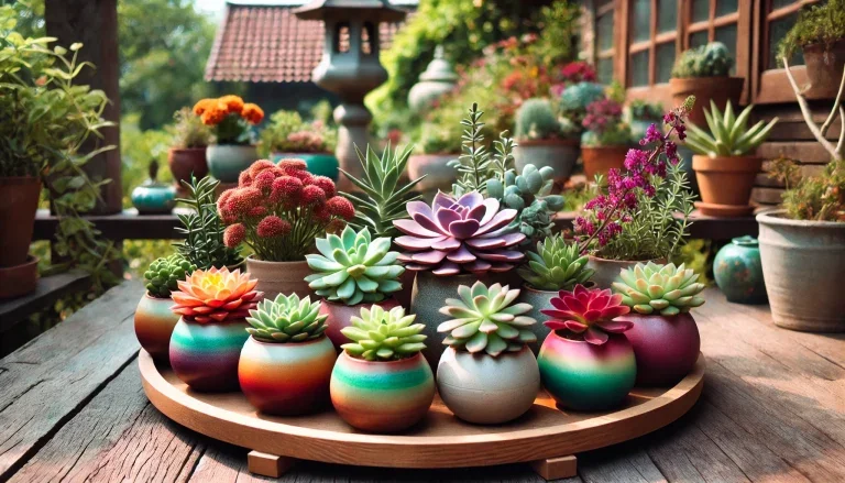 Um Arranjo De Suculentas Coloridas Em Vasos Cerâmicos, Organizadas Em Uma Prateleira De Madeira Contra Um Fundo Desfocado De Jardim