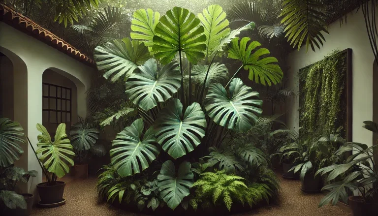 Uma Planta Costela De Adão (monstera Deliciosa) Exuberante, Incorporada A Um Paisagismo Externo Tropica