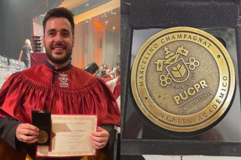 Padre de Alto Piquiri é premiado por desempenho na PUCPR. Na foto, uma colagem do padre e do prêmio.
