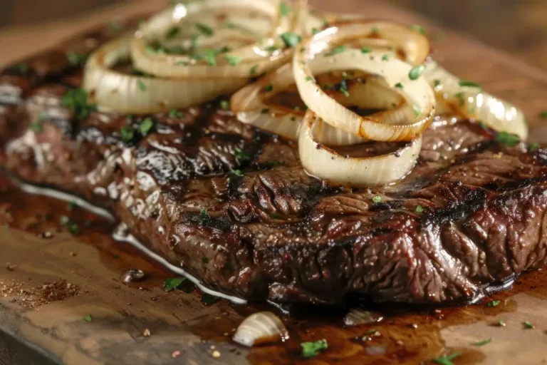Foto de uma carne acebolada para ilustrar a matéria sobre a carne perfeita para bife que não compromete o orçamento.