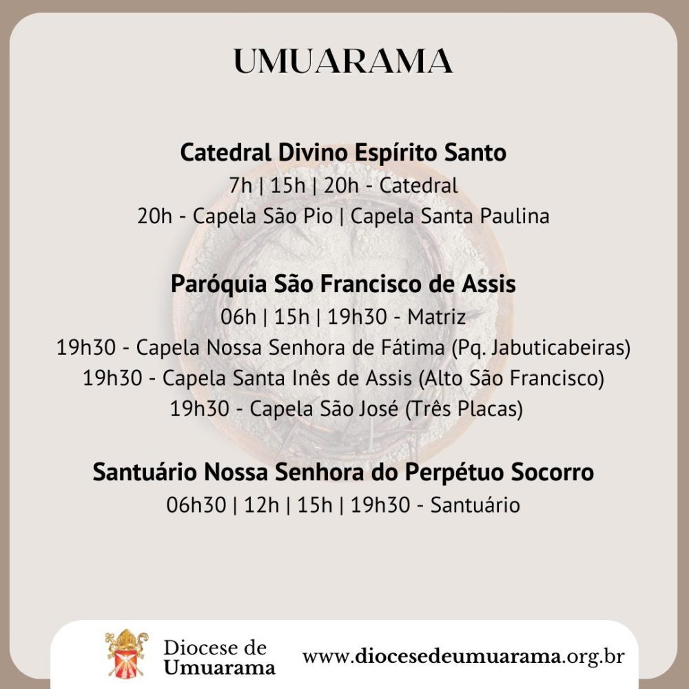 Quarta-feira de Cinzas em Umuarama: Veja as missas divulgadas pela Diocese.