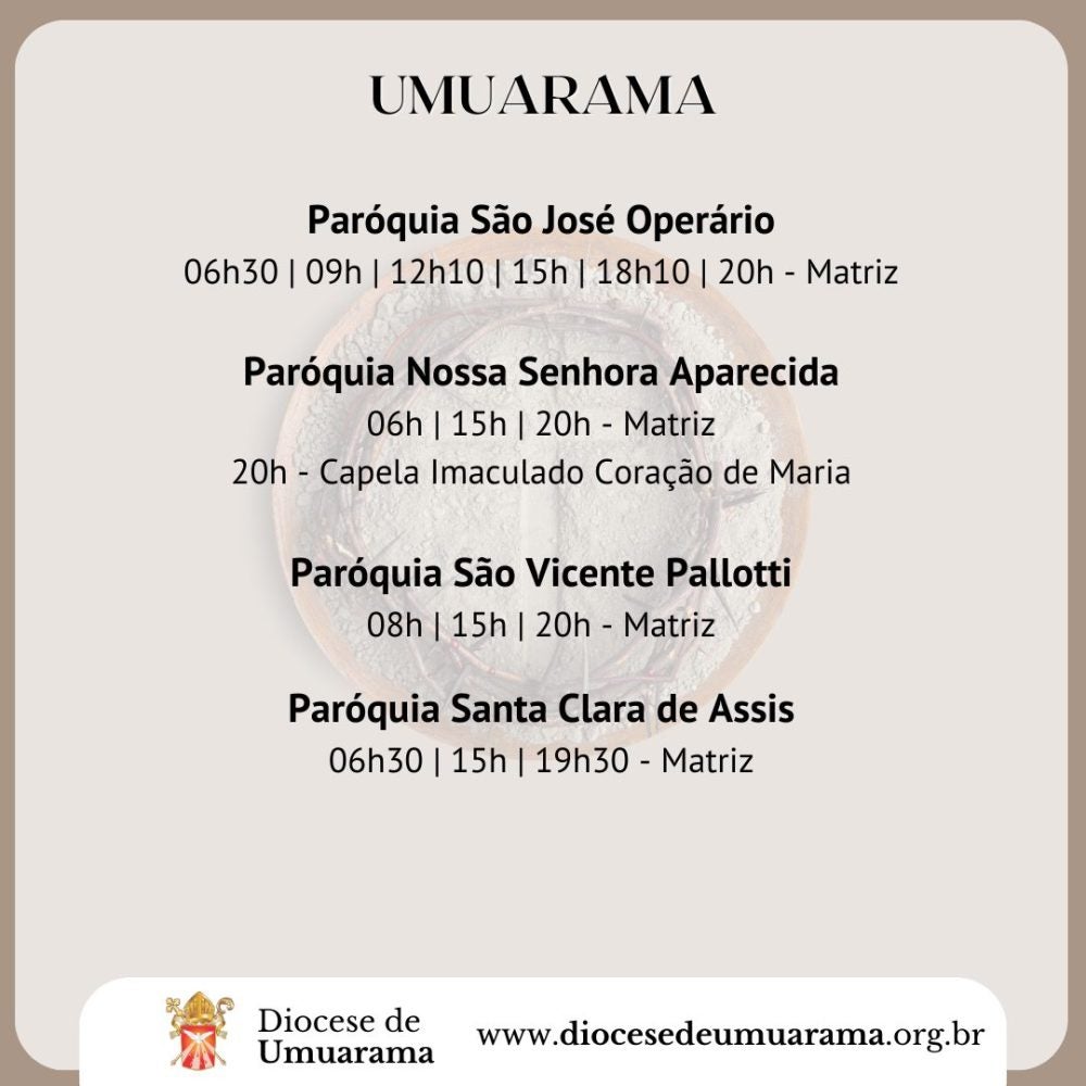 Quarta-feira de Cinzas em Umuarama: Veja as missas divulgadas pela Diocese.