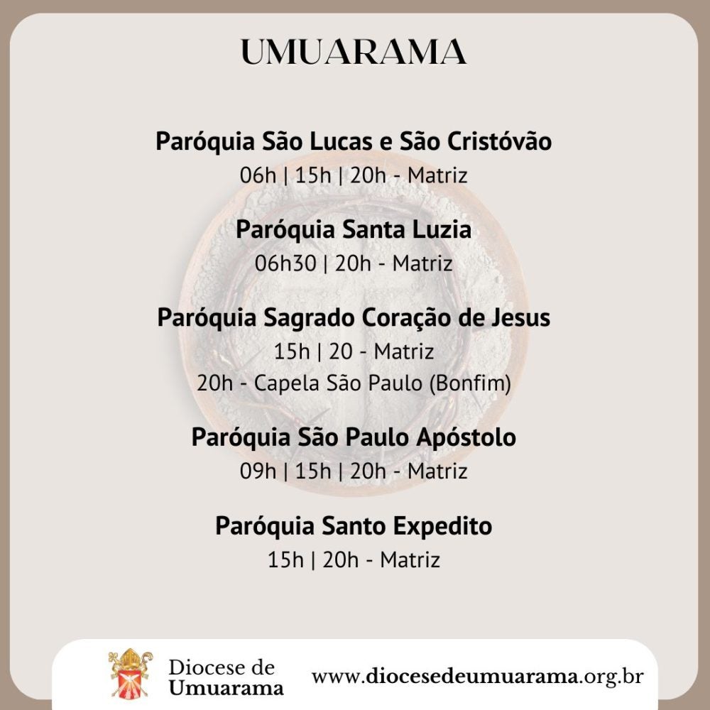 Quarta-feira de Cinzas em Umuarama: Veja as missas divulgadas pela Diocese.