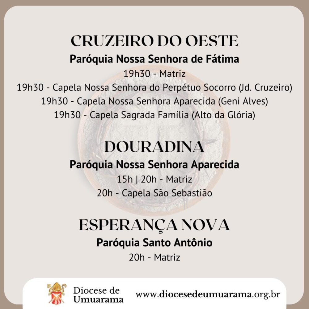 Quarta-feira de Cinzas em Umuarama: Veja as missas divulgadas pela Diocese.
