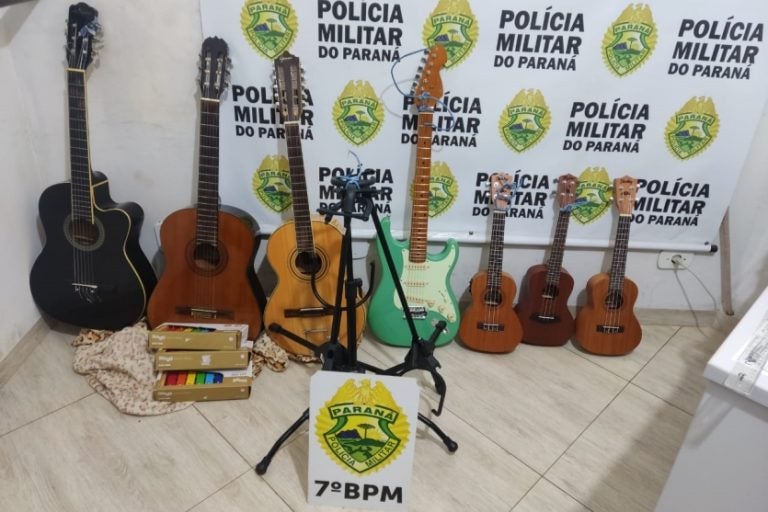 Furto na Casa da Cultura de Goioerê: casal é preso com violões e outros instrumentos.