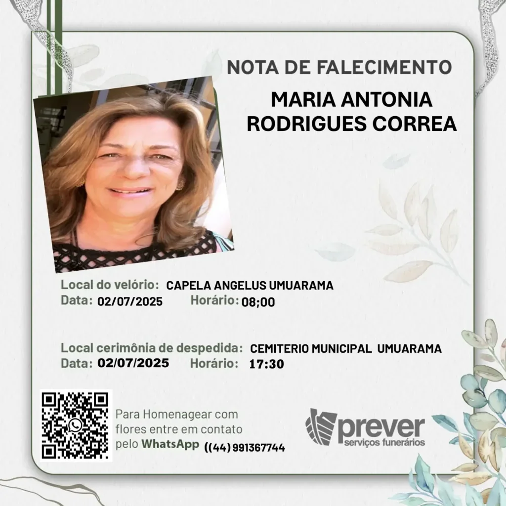 Família Comunica O Falecimento De Maria Antonia Rodrigues Correa