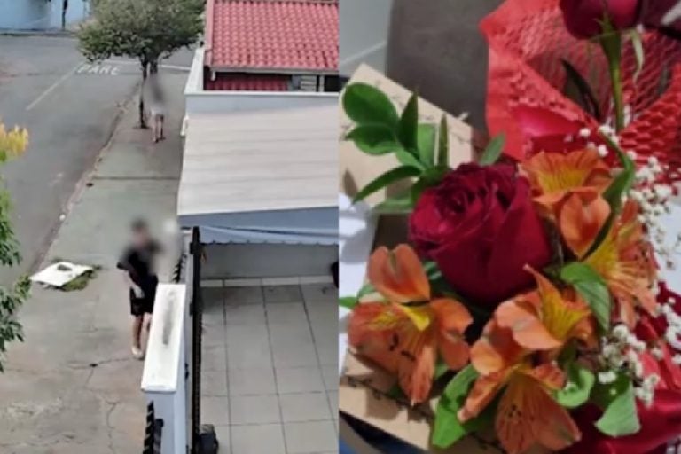 Jovem rouba buquê: Embora o episódio tenha ocorrido em tom aparentemente romântico, a dona da casa lamentou o prejuízo.