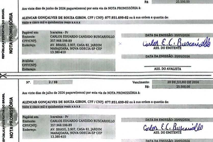 Notas Promissórias Caso Icaraima Obemdito