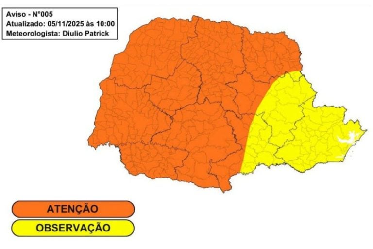 Granizo e ventania são esperados para a próxima sexta-feira em grande parte do Paraná.
