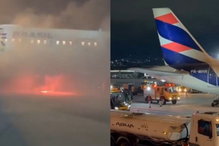 Esteira pega fogo e força evacuação de voo da Latam em Guarulhos.