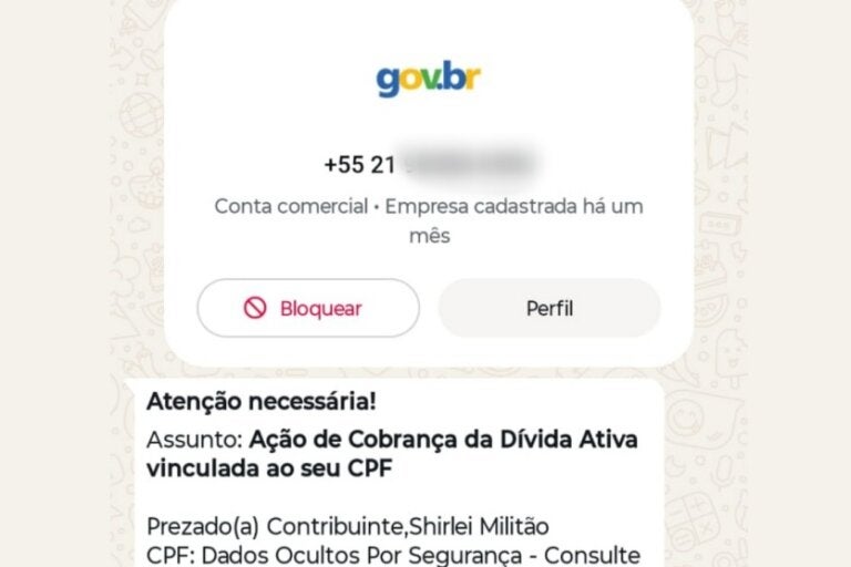 Golpe do falso contato do Gov.br tenta enganar moradora de Umuarama via WhatsApp