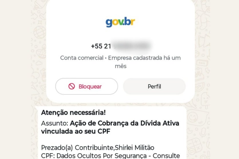 Golpe do falso contato do Gov.br tenta enganar moradora de Umuarama via WhatsApp