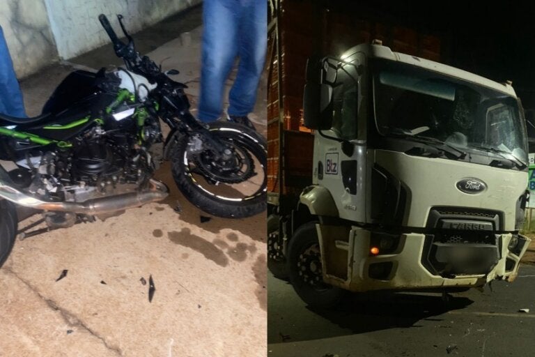 Colagem de fotos da motocicleta e do caminhão envolvidos no acidente em que um motociclista morreu em Douradina.