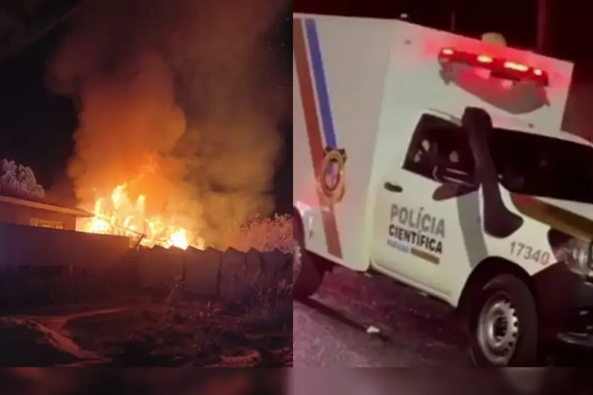 Imagens do incêndio e de uma viatura do Instituto Médico Legal.