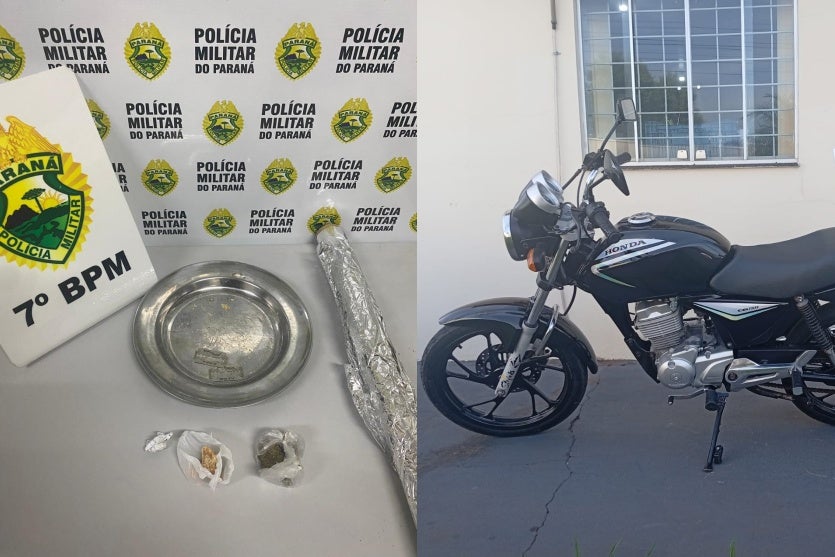 Drogas e motocicleta apreendidas pela PM em Cruzeiro do Oeste.