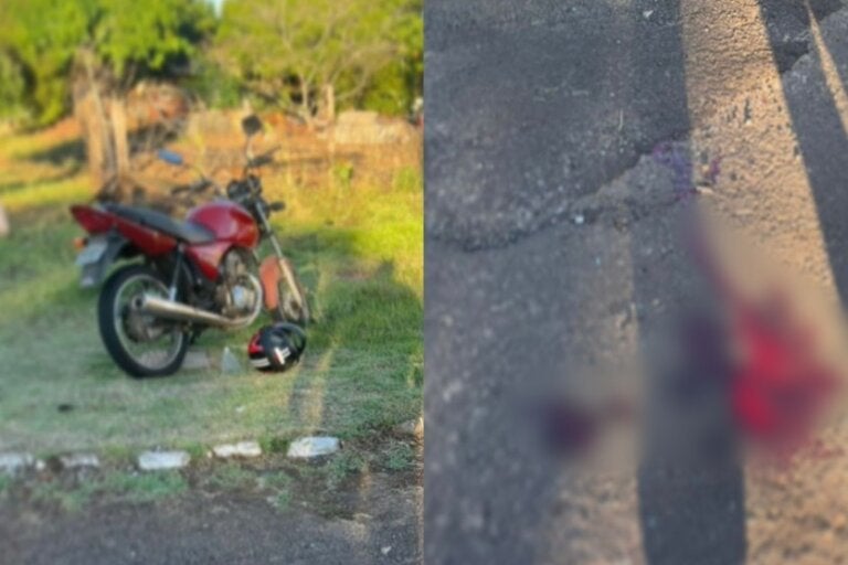 Foto da motocicleta e do chão com sangue do motociclista que lesionou a cabeça em um acidente em Umuarama.