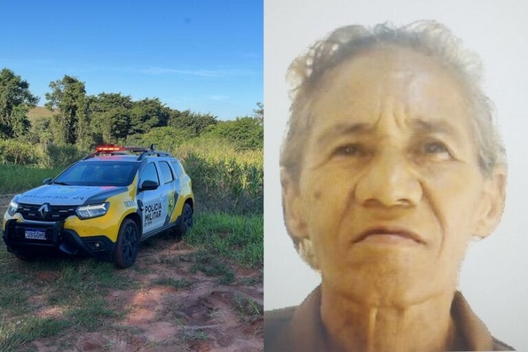 Fotos da mulher desaparecida em Brasilândia e da viatura da PM em uma área de mata.