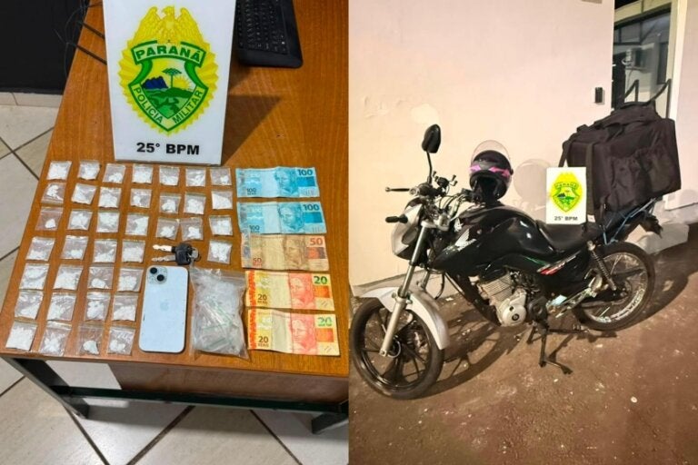 Drogas e moto apreendidas pela PM.