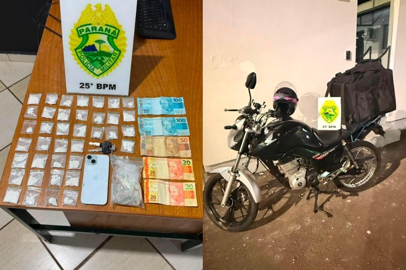 Drogas e moto apreendidas pela PM.