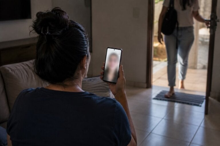 Mulher usando celular por videochamada.