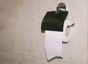 Rolo de papel higiênico no banheiro.